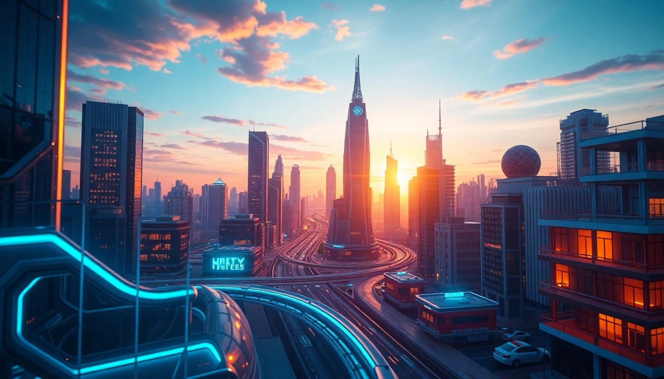 3D Animation eines futuristischen Stadtbildes bei Sonnenuntergang mit lebendigen Farben.
