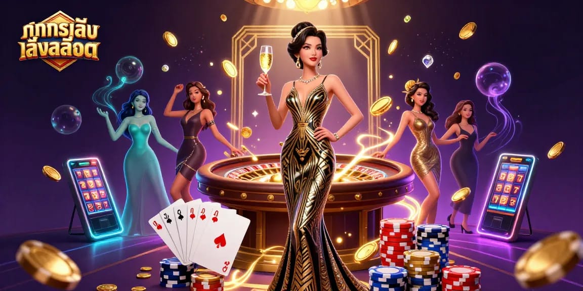 Spin the reels and explore ทดลองเล่นสล็อต with elegant characters amidst golden coins and vibrant casino elements.