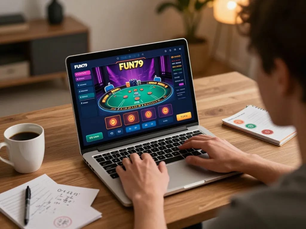 Engaging in strategic poker gameplay on FUN79 from a cozy home setup