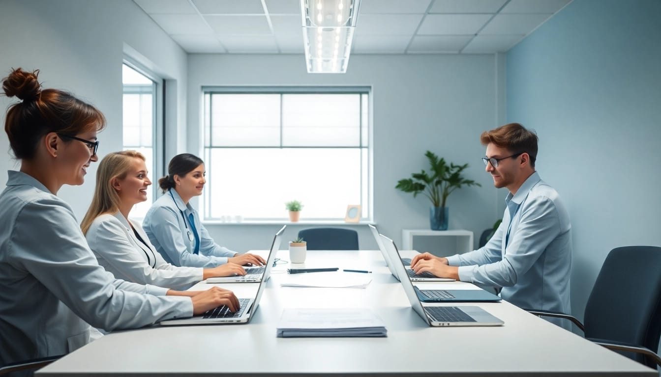Team an einem Tisch, das einen Pflegedienst gründen plant, zeigt Zusammenarbeit und Engagement.