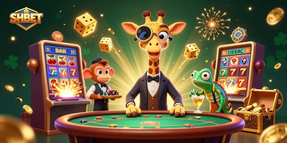 Experience thrilling wins at SHBET with a vibrant 3D casino scene filled with excitement.