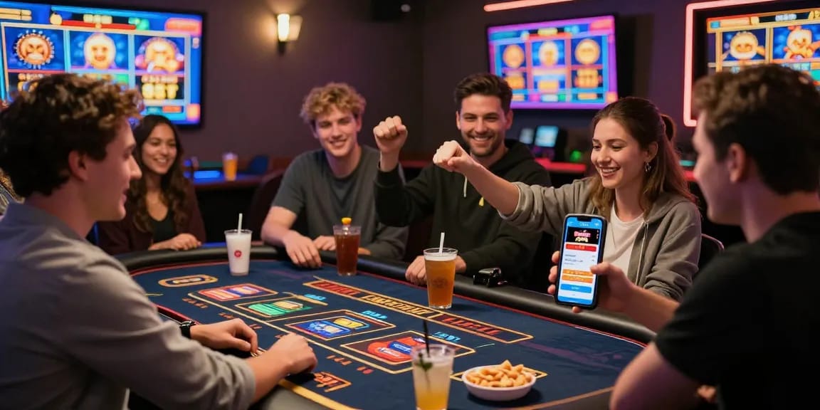 Beef Casino Spieler feiern Gewinn in einer lebhaften Online-Casino-Umgebung.