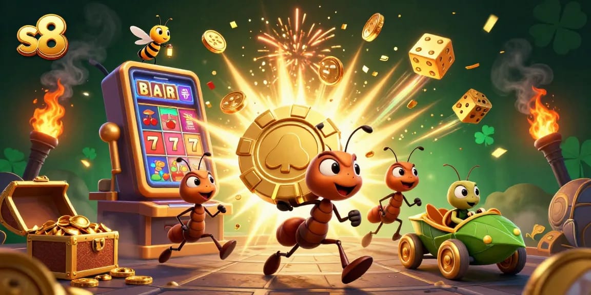 S8 casino themed illustration with ants carrying a giant poker chip and fireflies, showcasing dynamic slot games.