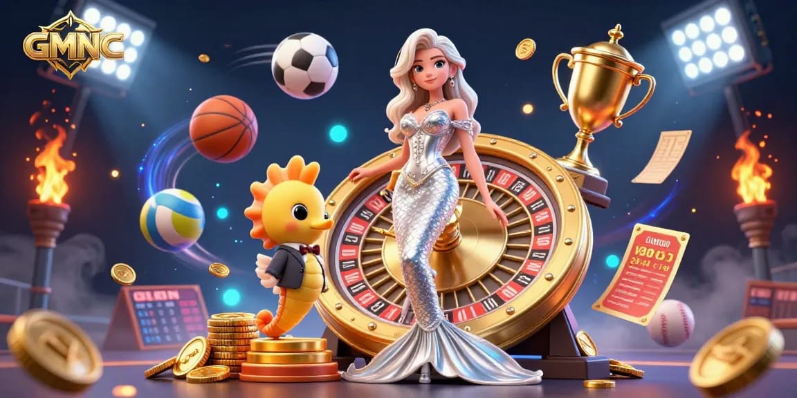 Engage with GMNC and explore the dazzling world of 3D casino gaming illustrated with dynamic sports elements and a stunning mermaid.