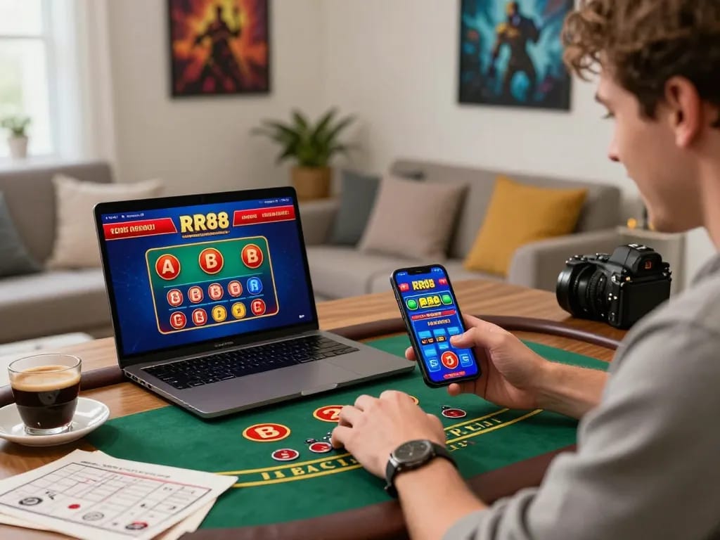 Engaging with RR88 live dealer Baccarat on a laptop, showcasing excitement and a cozy home setup.