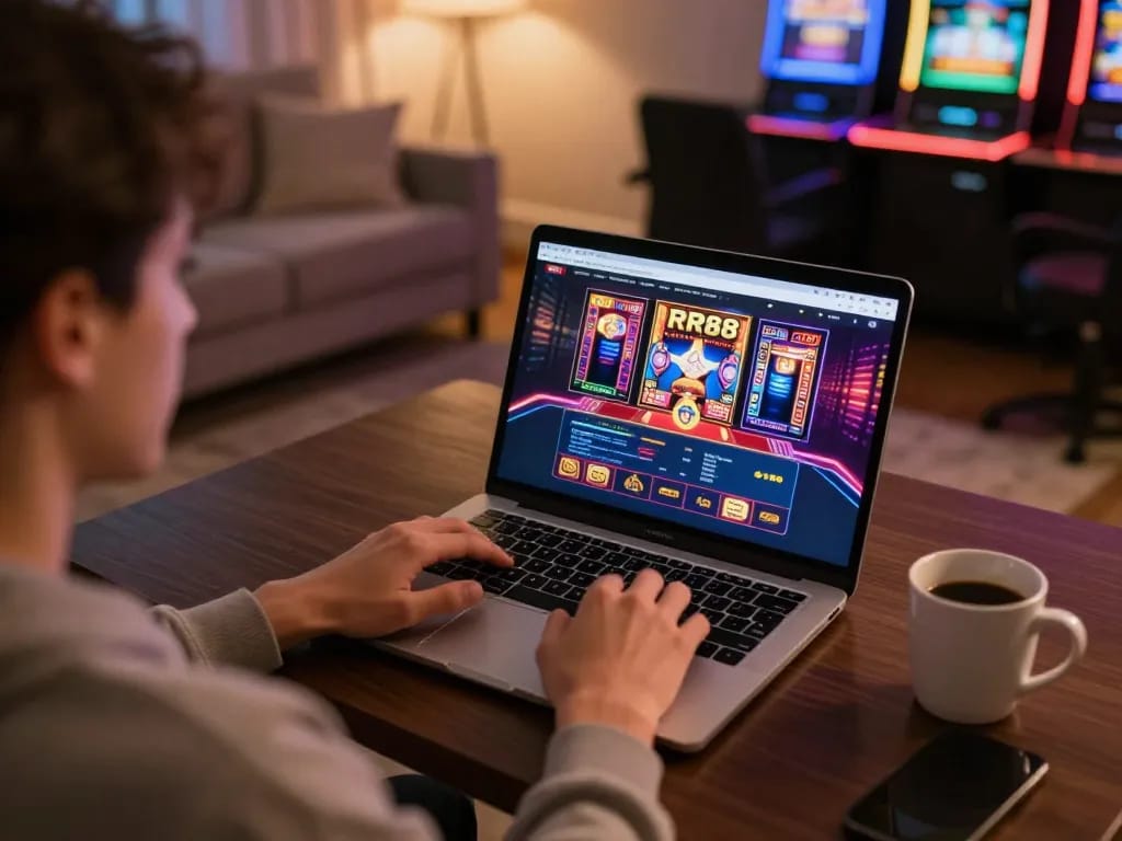 Engaging player immersed in RR88 online casino gaming at home, showcasing vibrant game graphics on laptop.