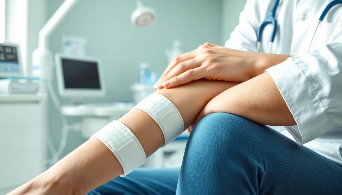 Hydrocoll wundverband freshly applied on a patient’s bandaged arm in a clinical setting.