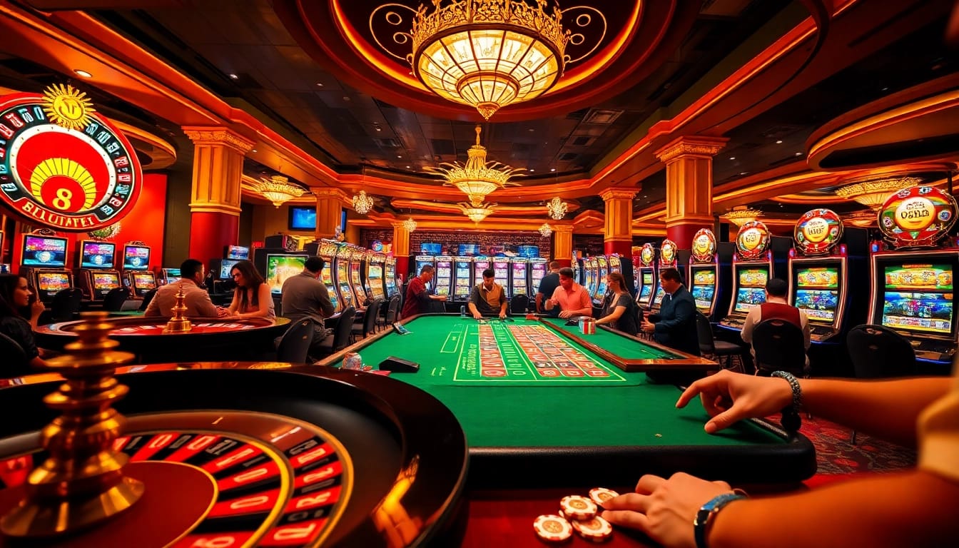 Experience the excitement at qq88 okvip with vibrant casino action featuring a roulette wheel and poker table.