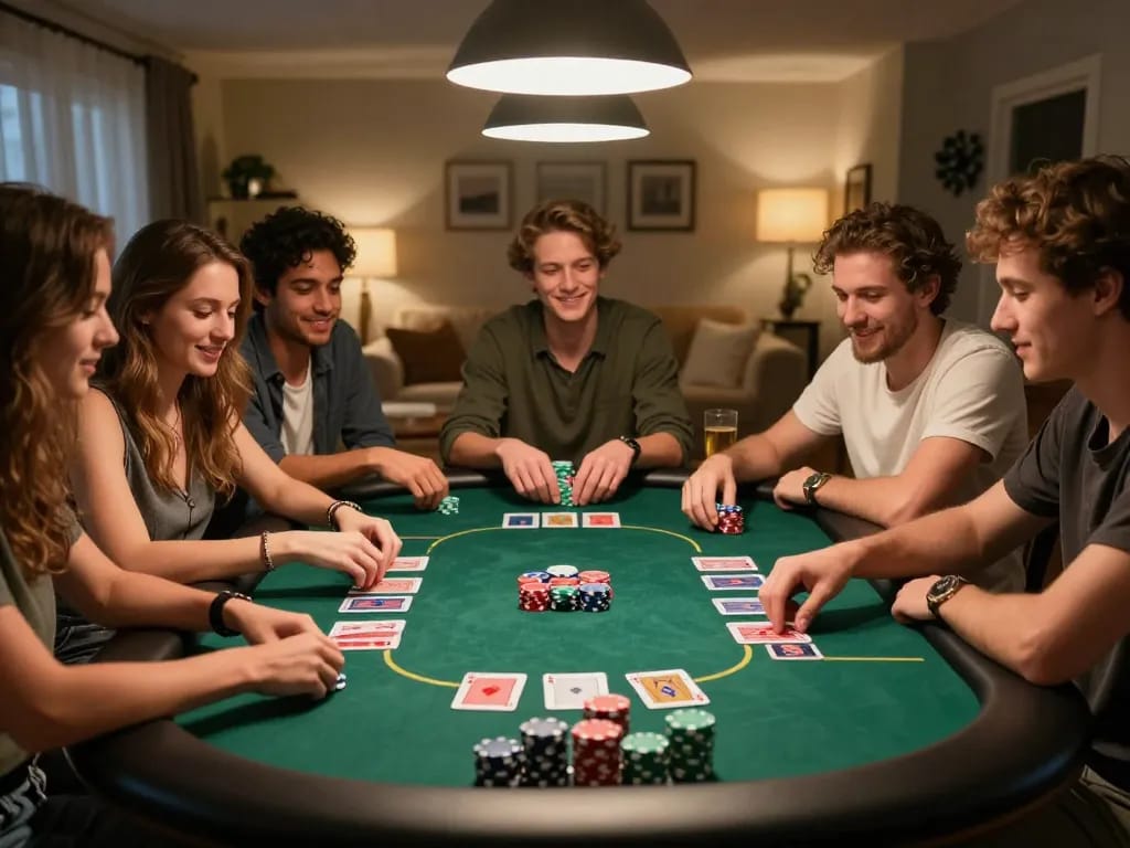 Friends enjoying a poker night with 888new cards and chips laid out on a stylish table, creating a lively atmosphere.