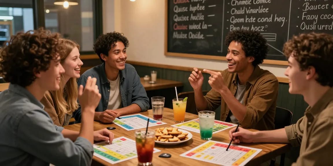 Group of friends enjoying a Quiz Allgemeinwissen night at a cafe with drinks and snacks.
