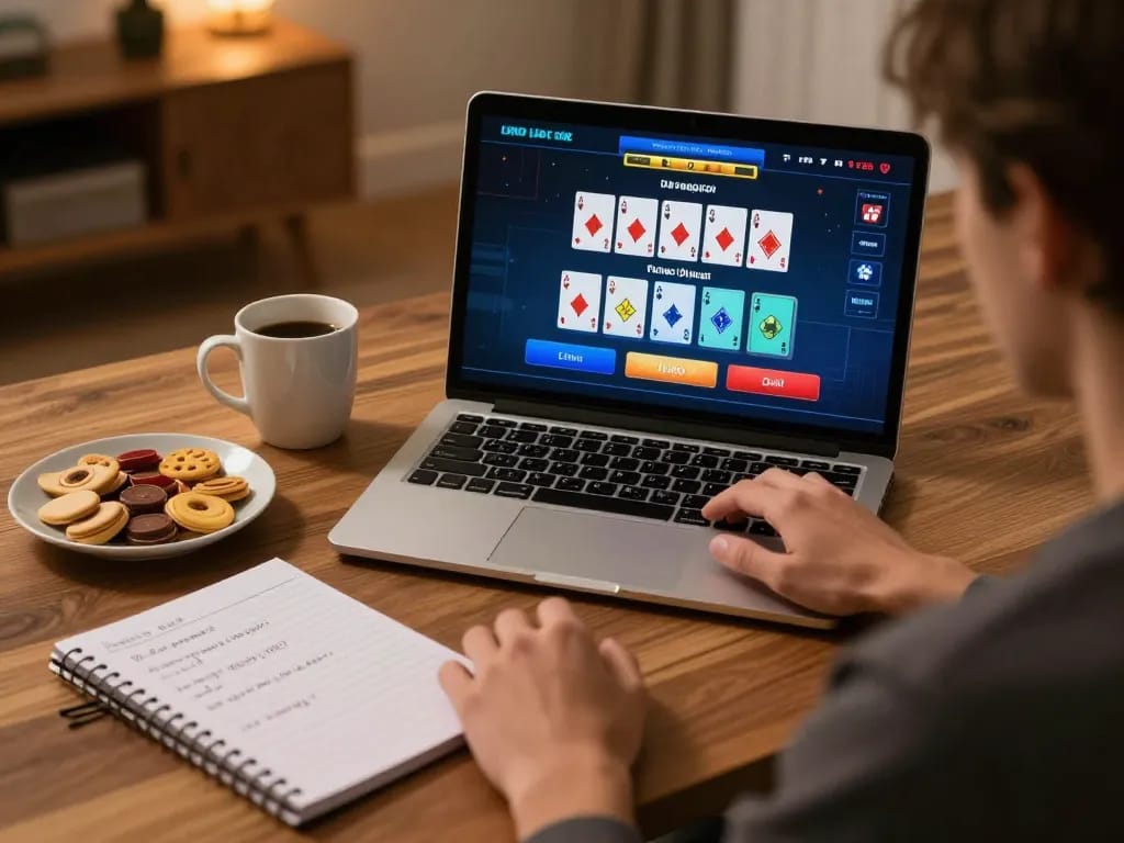 Person enjoying an online blackjack game with CM88 on laptop, featuring a cozy gaming setup