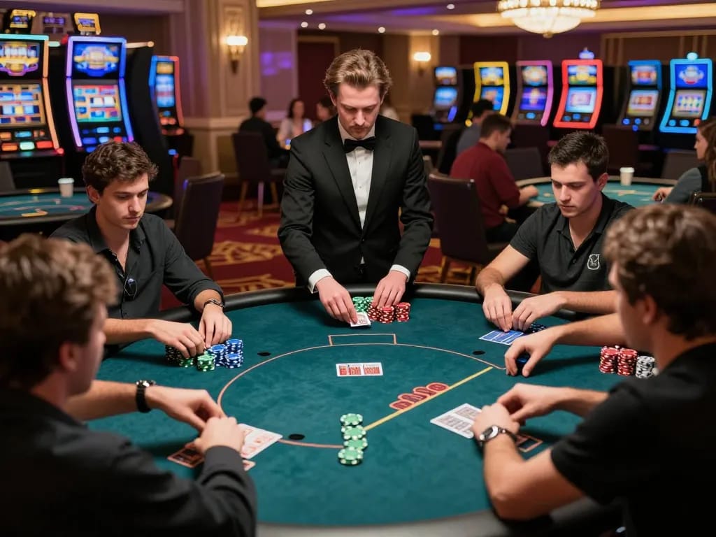 fun79 players engaged in an intense poker game with chips and cards at a vibrant casino table