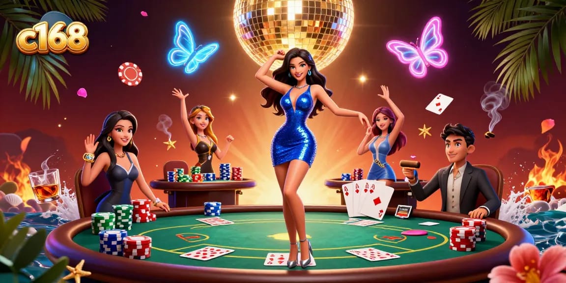c168 interactive casino scene with a glamorous woman and poker elements creating a vibrant gaming atmosphere