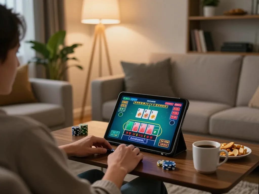 Player enjoying live blackjack on alo8net with strategic gameplay in a cozy home setting