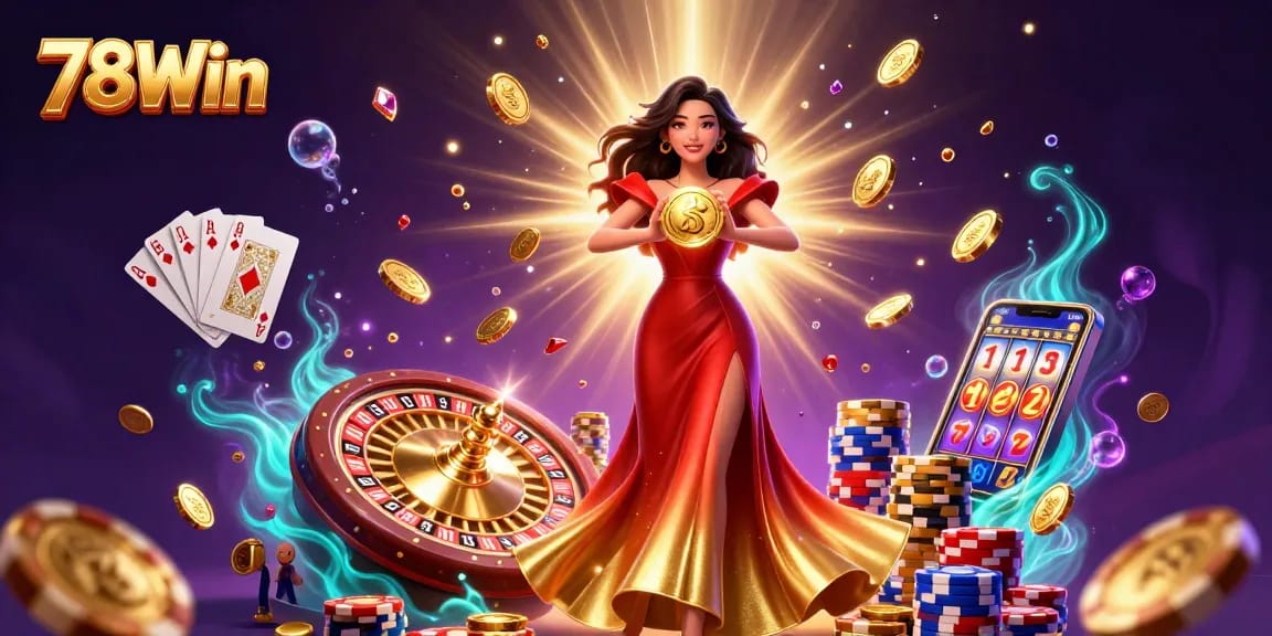 Experience the thrill of 78Win with a glamorous scene of a woman holding a golden coin amidst cascading gems and coins.