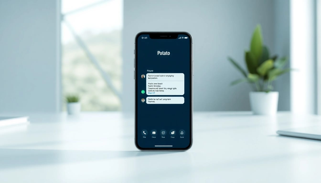 Discover the Potato下载 app interface on a smartphone in a modern workspace, emphasizing privacy and security.