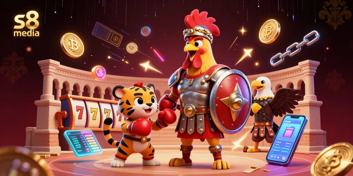 S8 media highlights a thrilling casino scene with a rooster gladiator and neon crypto elements.