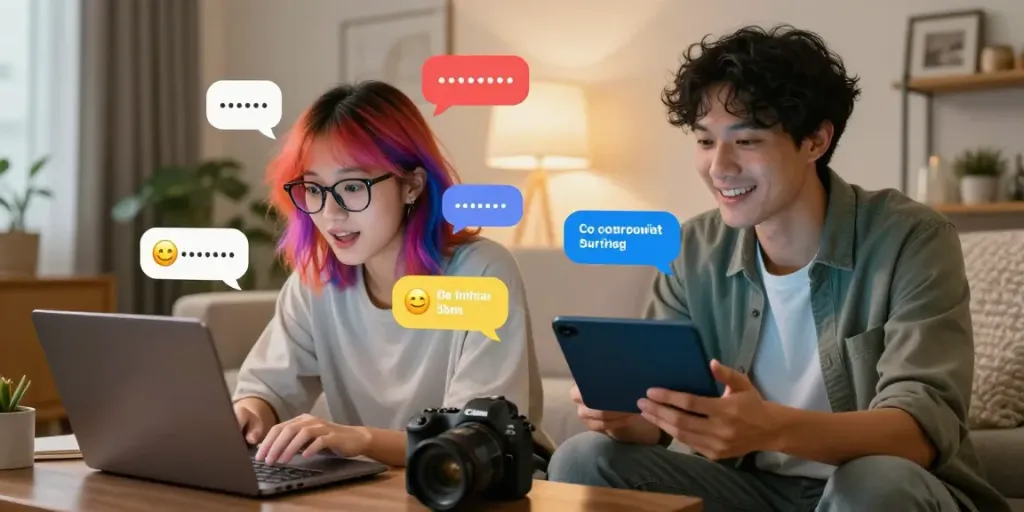 Engaging spicy AI chat scene with two individuals sharing fun interactions on their devices.