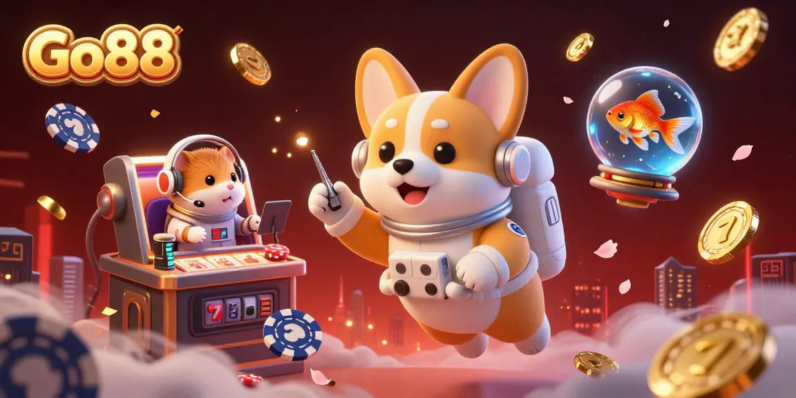 Experience exciting gameplay at Go88 with vibrant 3D digital illustration capturing a corgi astronaut in a casino adventure.