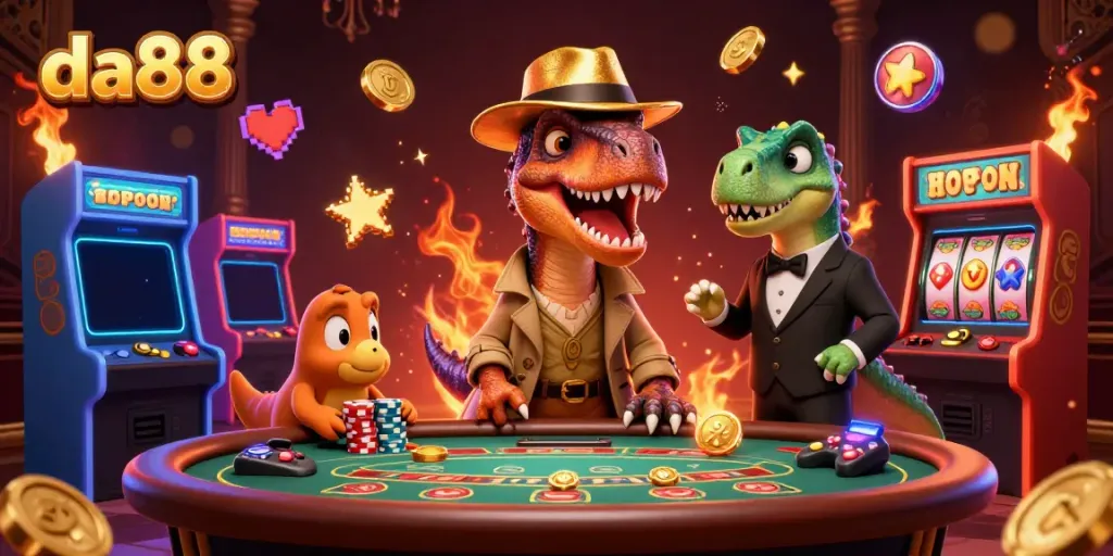 Experience the excitement at da88 with a clever cartoon velociraptor card counter amid casino action.