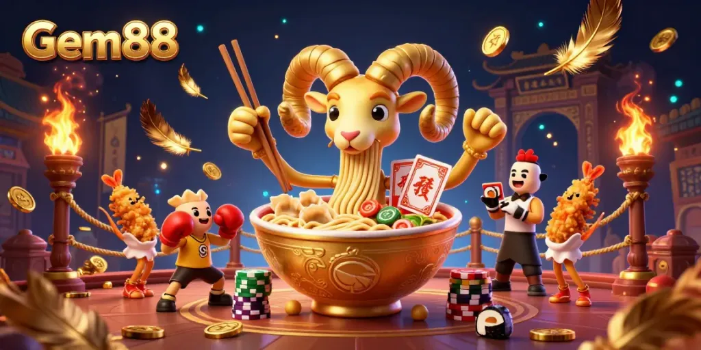 Gem88 casino scene featuring a giant golden ramen bowl character dealing cards in a vibrant setting.