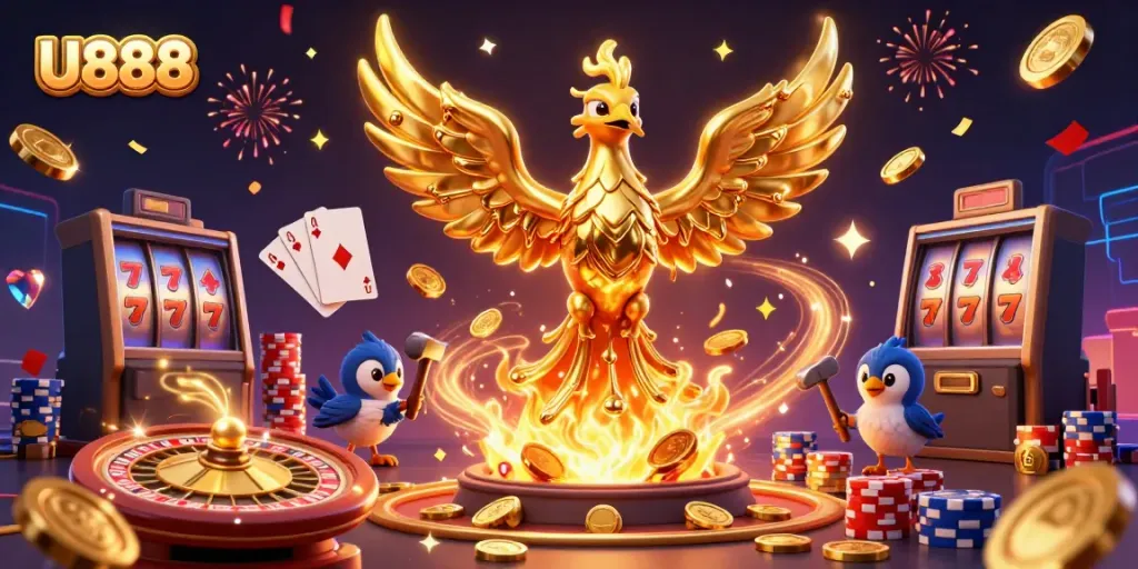 Experience thrilling gameplay with U888's dynamic 3D illustration featuring a golden phoenix and casino elements.
