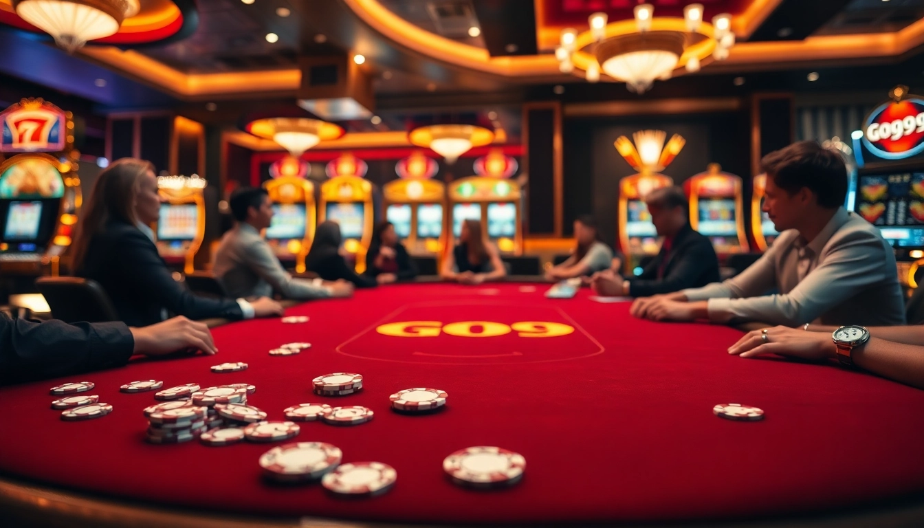 Players experiencing the thrill of poker at Go99's luxurious casino table.