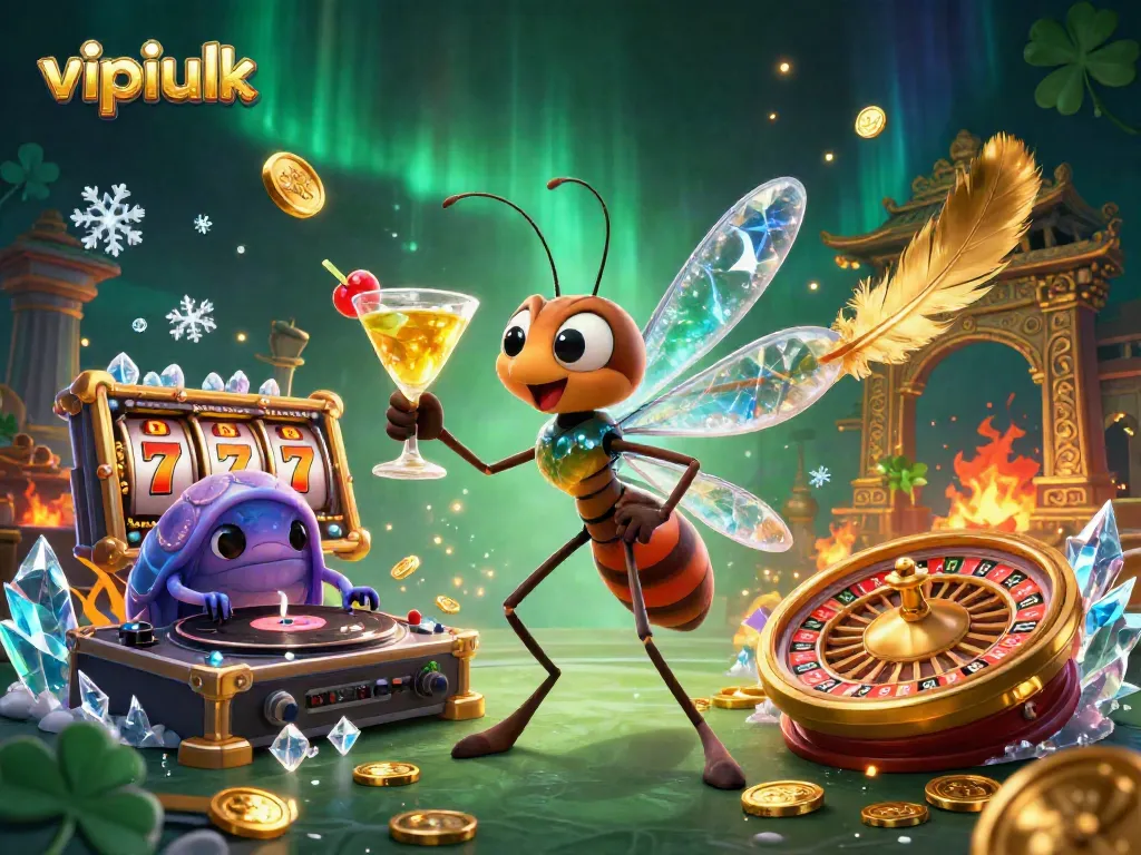 Spin winning slots at vipluck with this vibrant casino-themed illustration featuring lively characters.