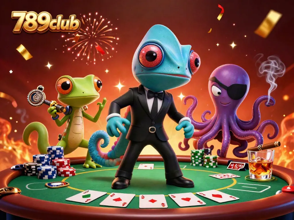 Engage in thrilling poker action with 789club amidst vibrant casino characters and dynamic elements.