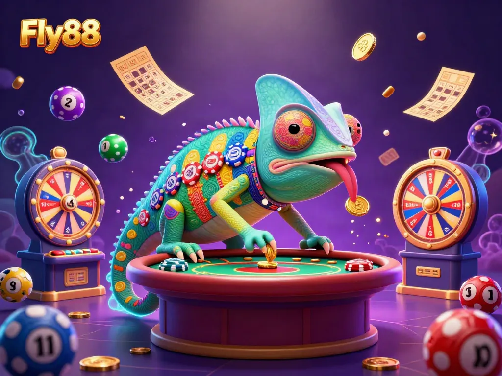 Play and win big at Fly88 with a vibrant scene of lively casino action and chameleon owner.