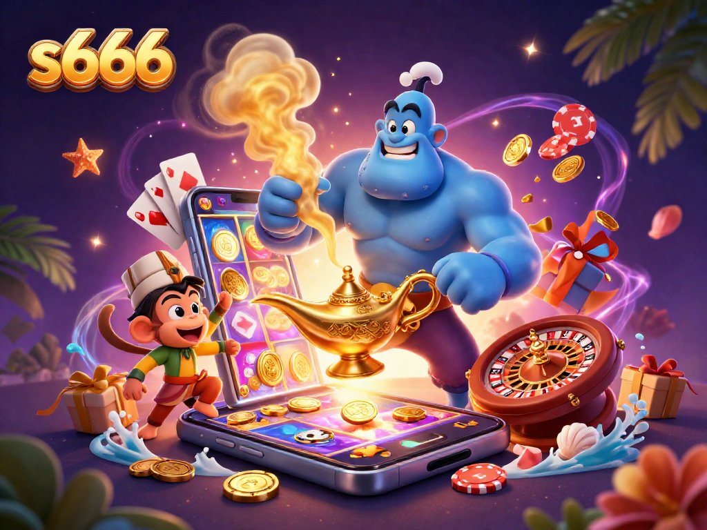 Play exciting games at s666 with vibrant visuals and ample rewards, featuring colorful slot reels and magic elements.