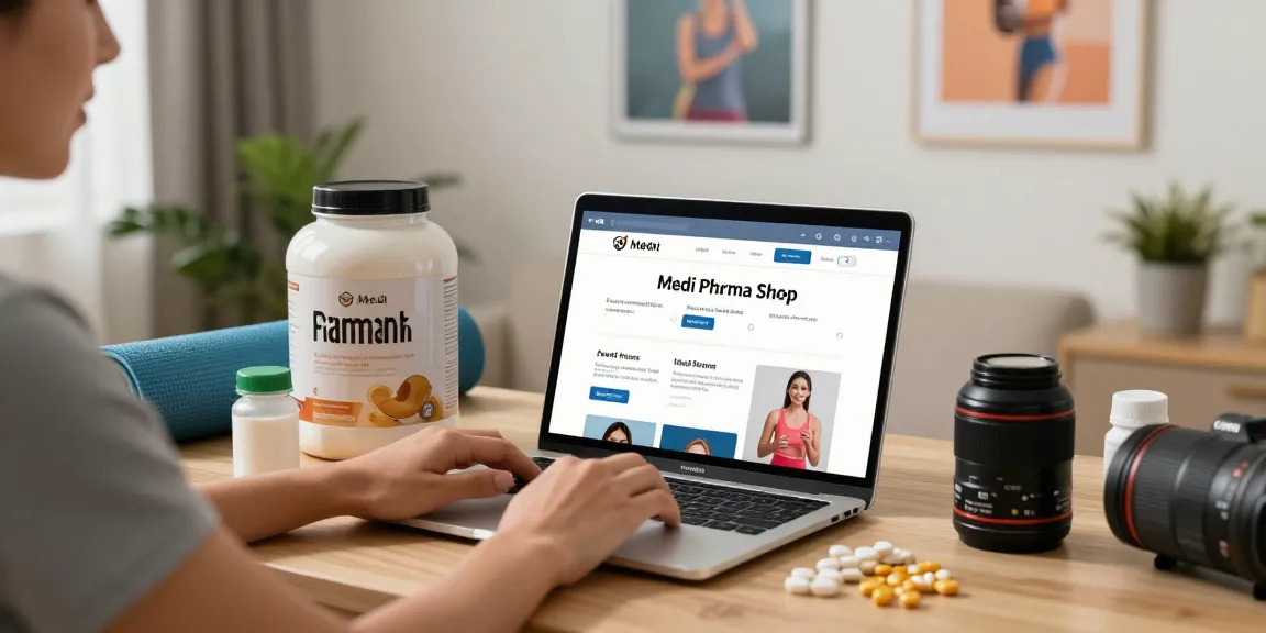 Medi Pharma Shop bietet hochwertige Gesundheitsprodukte in einer gemütlichen Einkaufsumgebung, die Nahrungsergänzungsmittel und Fitnessgeräte präsentiert.