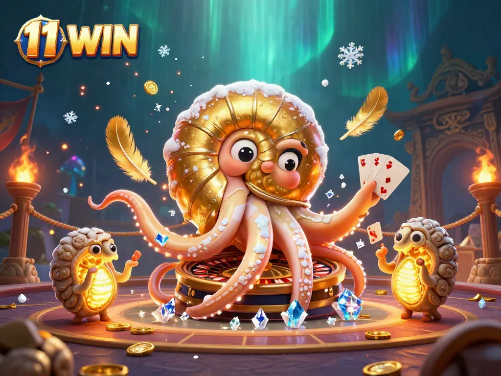 Engage in thrilling gameplay at 11 WIN with a colorful nautilus holding cards amidst glowing ammonites.