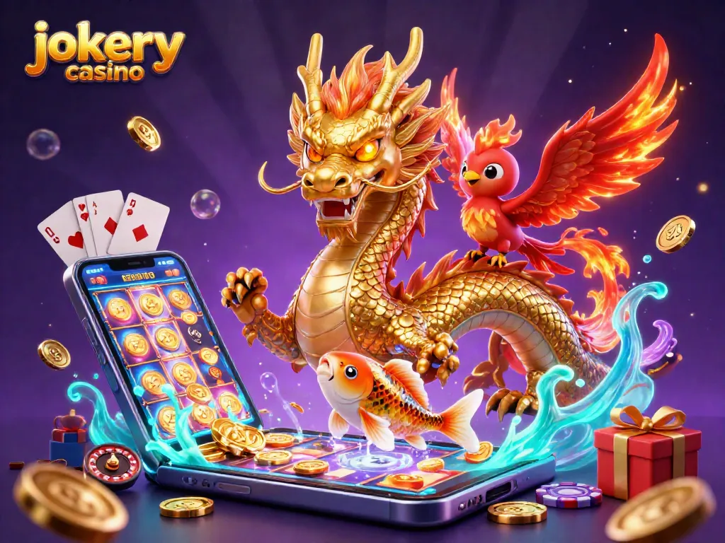 Engage with the thrill of jokery casino, featuring a golden dragon, phoenix, and lucky koi amidst vibrant gaming elements.