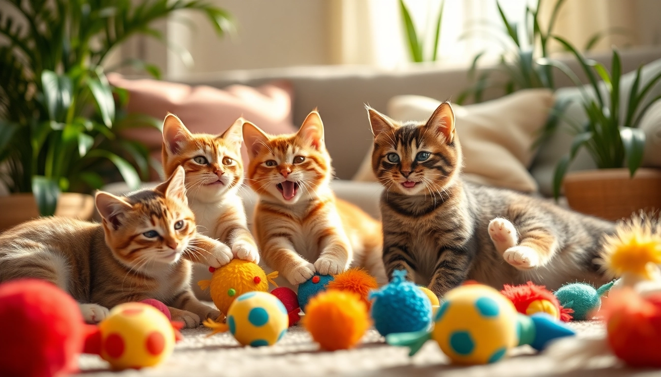Spielzeuge für katzen liegen in einem lebhaften Raum, während Katzen spielen und erkunden.