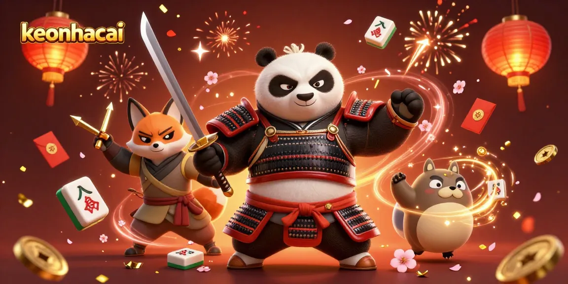 Engage with keonhacai's vibrant 3D illustration featuring samurai panda and ninja fox amidst casino festivities.