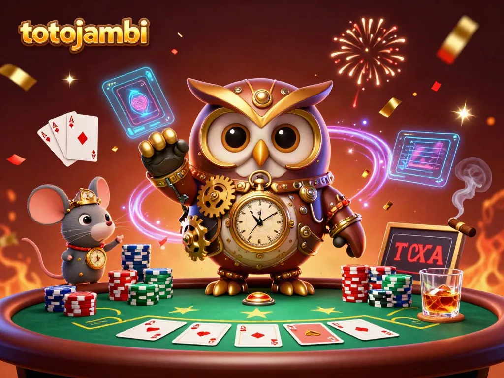Experience thrilling gameplay with totojambi's dynamic casino scene featuring a cartoon owl and poker elements
