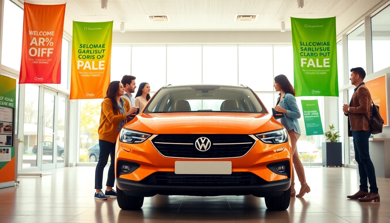 Auto kaufen: Familie inspiziert ein Fahrzeug in einem freundlichen Autohaus.