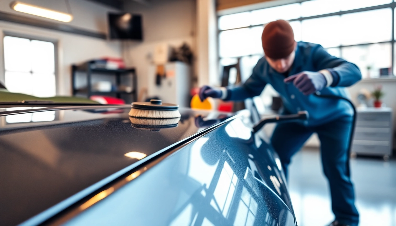 Fahrzeugaufbereitung in einer professionellen Umgebung mit einem glänzenden Auto und hochwertigen Werkzeugen.