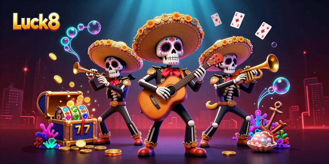 Experience Luck8's vibrant gaming scene animated by skeleton musicians amidst colorful slot machines and treasures.