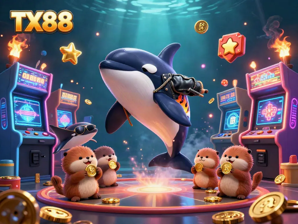 Experience exhilarating gameplay with TX88 as the orca whale, stingray, and otters collect coins in a vibrant casino scene.