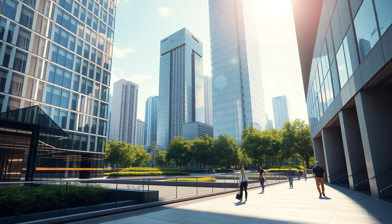 Architekturvisualisierung eines futuristischen Stadtlandschafts, die innovative Designs zeigt.