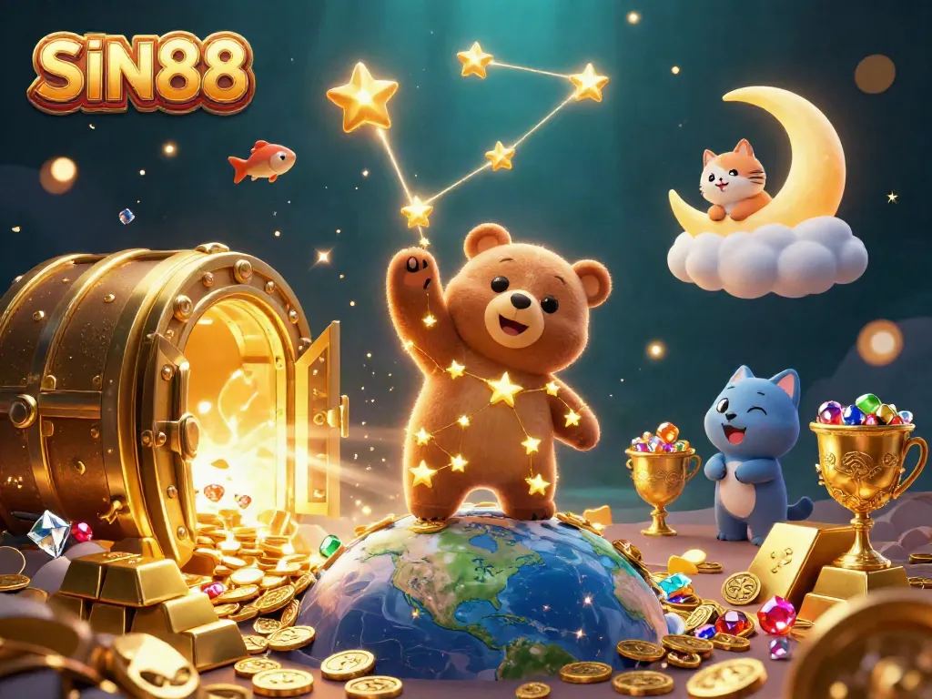 SIN88 bears collect coins in a lavish casino scene surrounded by treasures and vibrant characters.