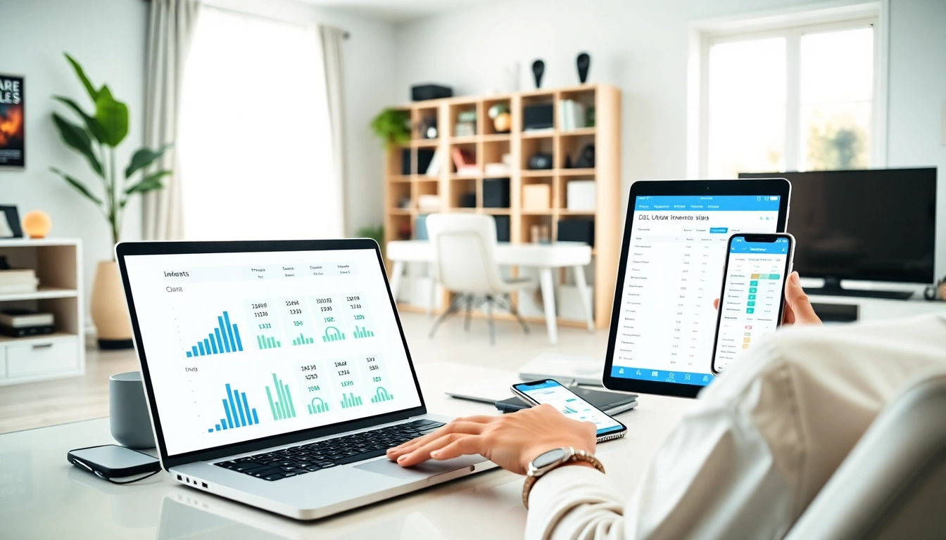 DSL-Vergleich in einem modernen Home-Office mit verschiedenen Vergleichsgeräten.