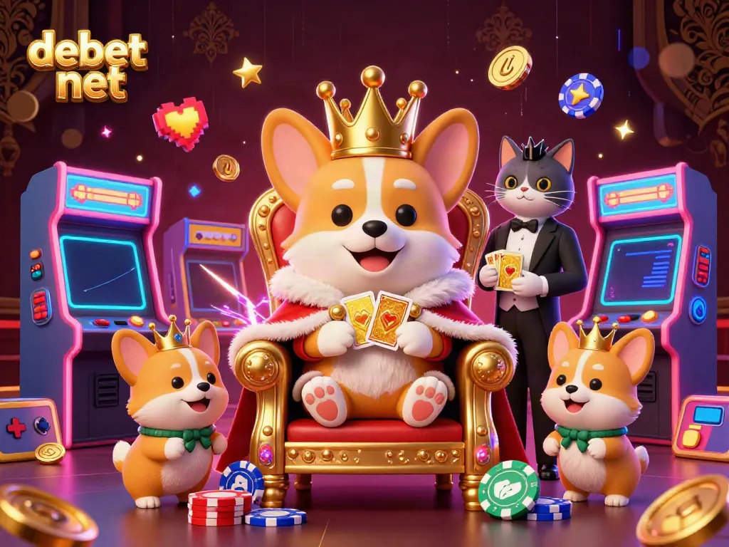 Experience the excitement of debet net with a royal corgi on a throne of poker chips, enhanced by vibrant casino elements.