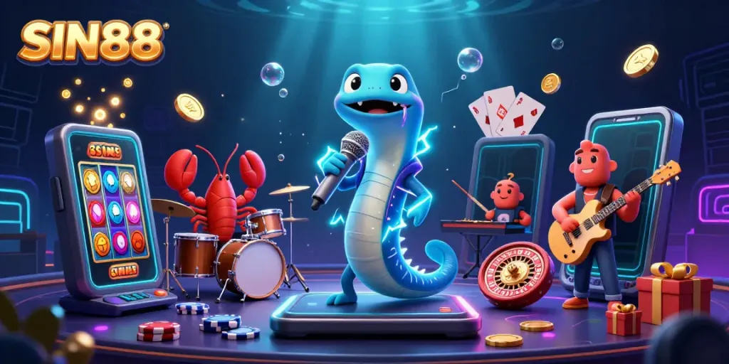 Experience SIN88's vibrant underwater casino scene with colorful games and energetic characters.