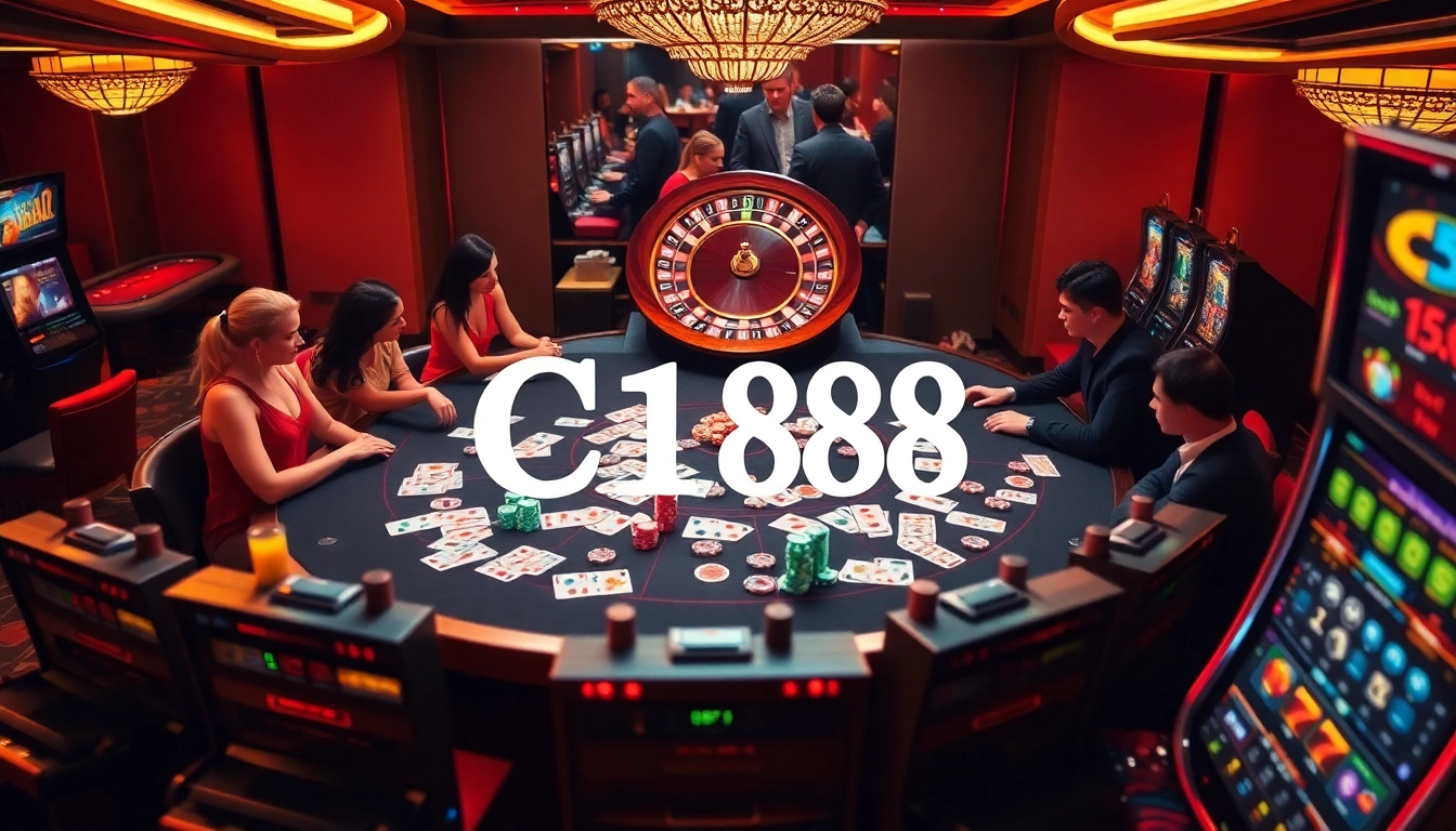 Players enjoying table games at the C168 casino with vibrant cards and roulette.