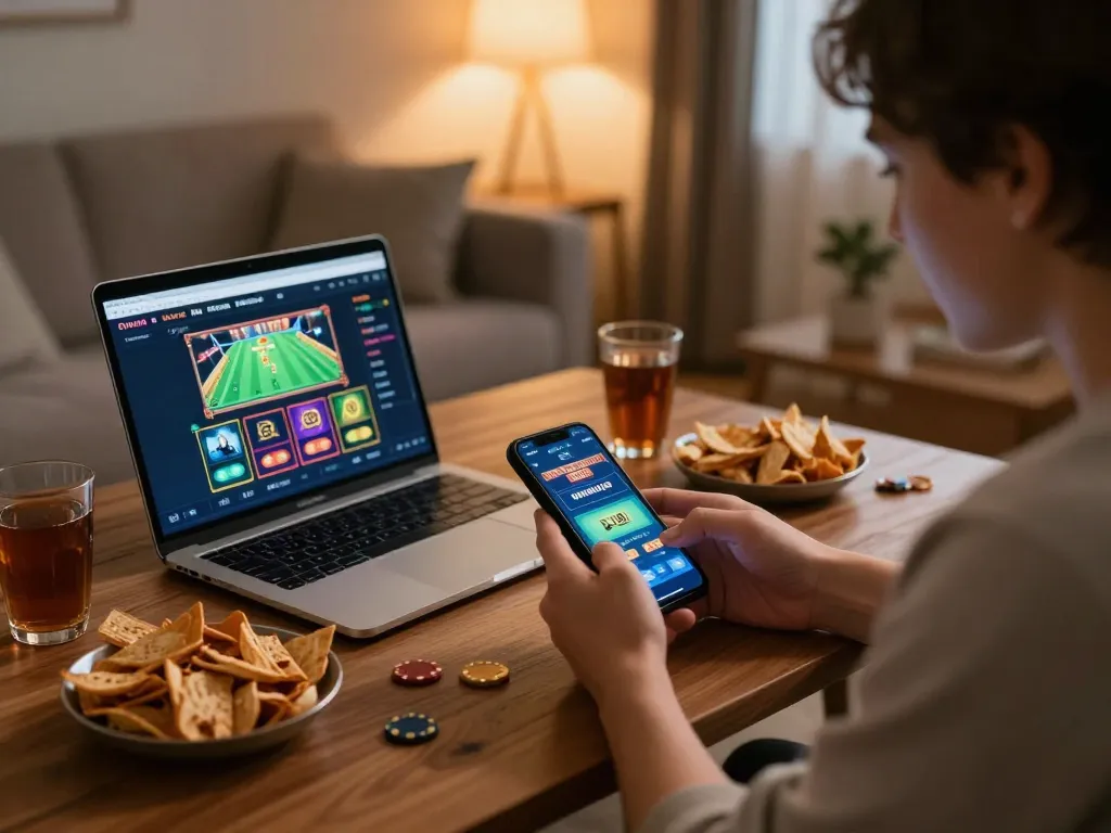 Alo 789 user enjoying online betting on a smartphone in a cozy home setup.
