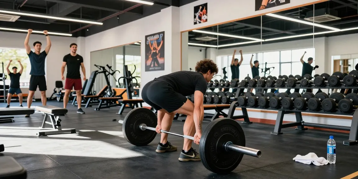 Energiegeladene Fitnessszene, die Bodybuilding im Steroidshop Fitnessstudio mit Athleten beim Gewichtheben zeigt.