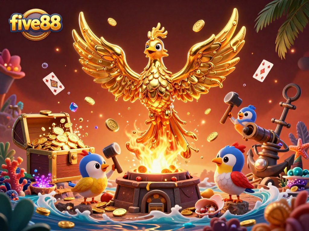 Embrace the vibrant casino world with five88's molten phoenix and treasure-filled underwater scenes.